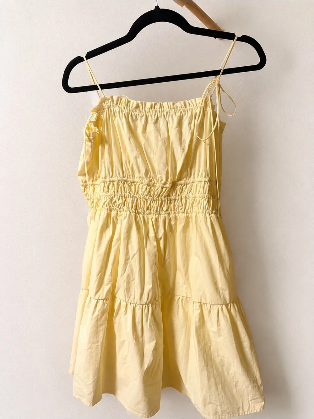 Mini Yellow Dress Ruched Tie Strap Smocked Sundress